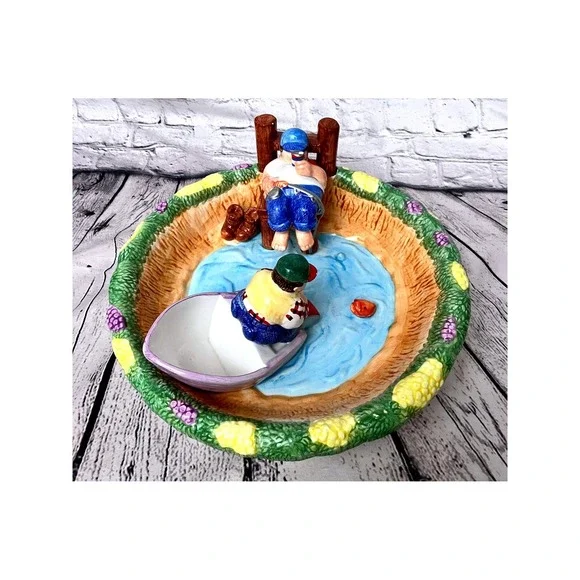 Lotus Chip and Dip Bowl Pond Vintage Beer Drinker & Fisherman 13" Novelty Humor - Picture 2 of 8